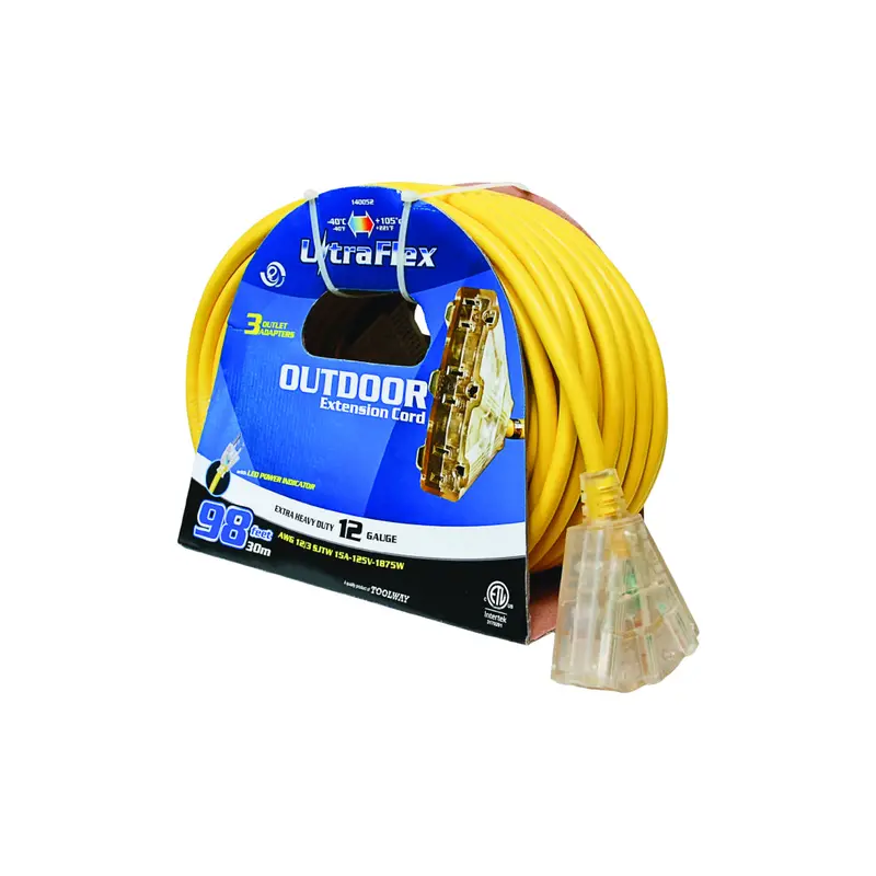 100-Foot Outdoor Lighted Extension Cord – Sjtw 12/3 Gauge, Yellow, 3-Tap 1