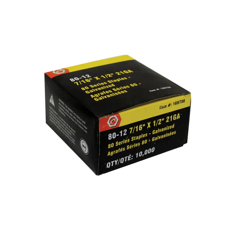 80 Series Staples – 7/16" Crown X 1/2" Leg, 21-Gauge, 10,000 Per Box 1