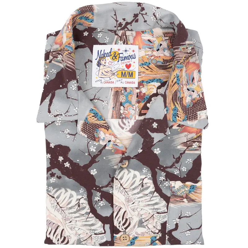 Aloha Shirt Skeleton Print On Pale Blue Ground 1