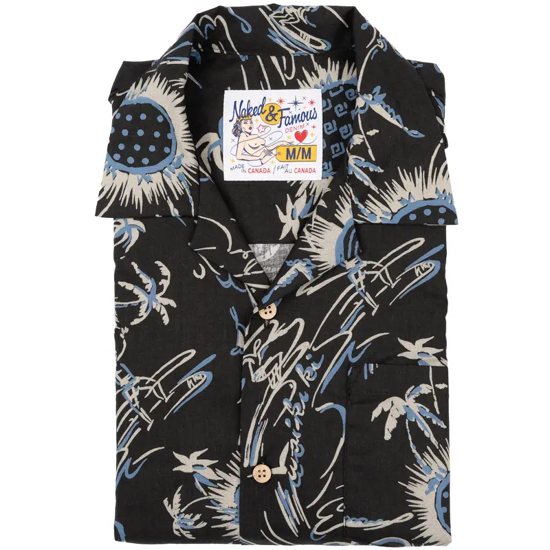 Aloha Shirt Waikiki Waves Print In Black 1