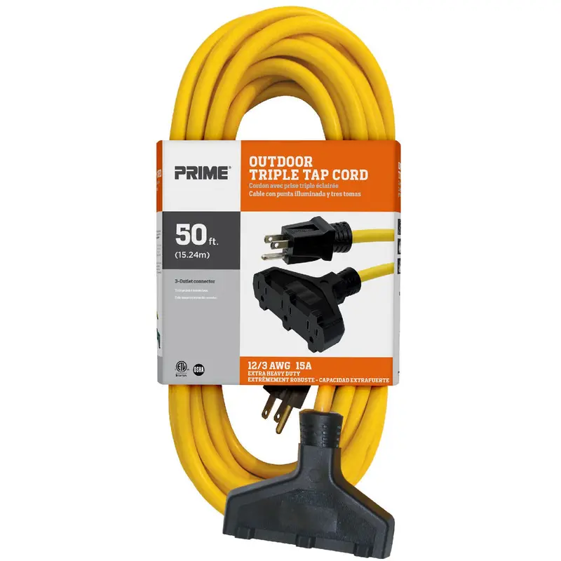 Ec600830 – 50-Foot 12/3 Sjtw Triple-Tap Extra-Heavy-Duty Yellow Outdoor Extension Cord – Prime Wire & Cable 1
