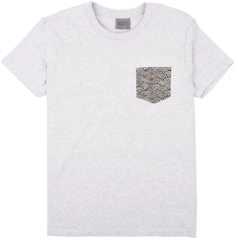 Heather Grey Pocket Tee With Seigaiha Wave Pattern – Subtle Indigo Detail 1