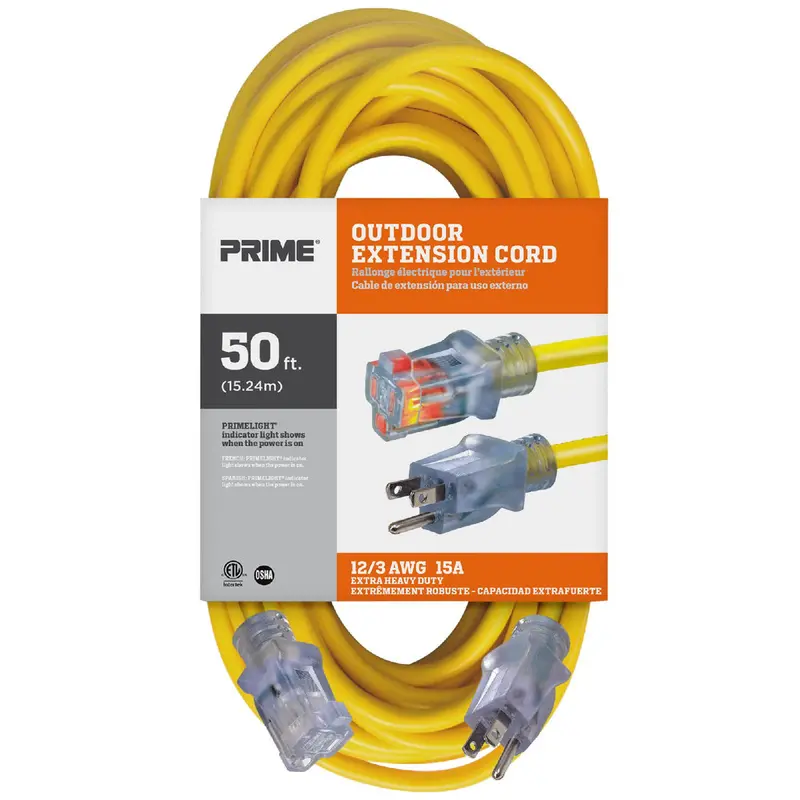 Prime Ec511830 – 50-Foot 12/3 Sjtw Yellow Outdoor-Grade Extension Cord With Primelight® 1