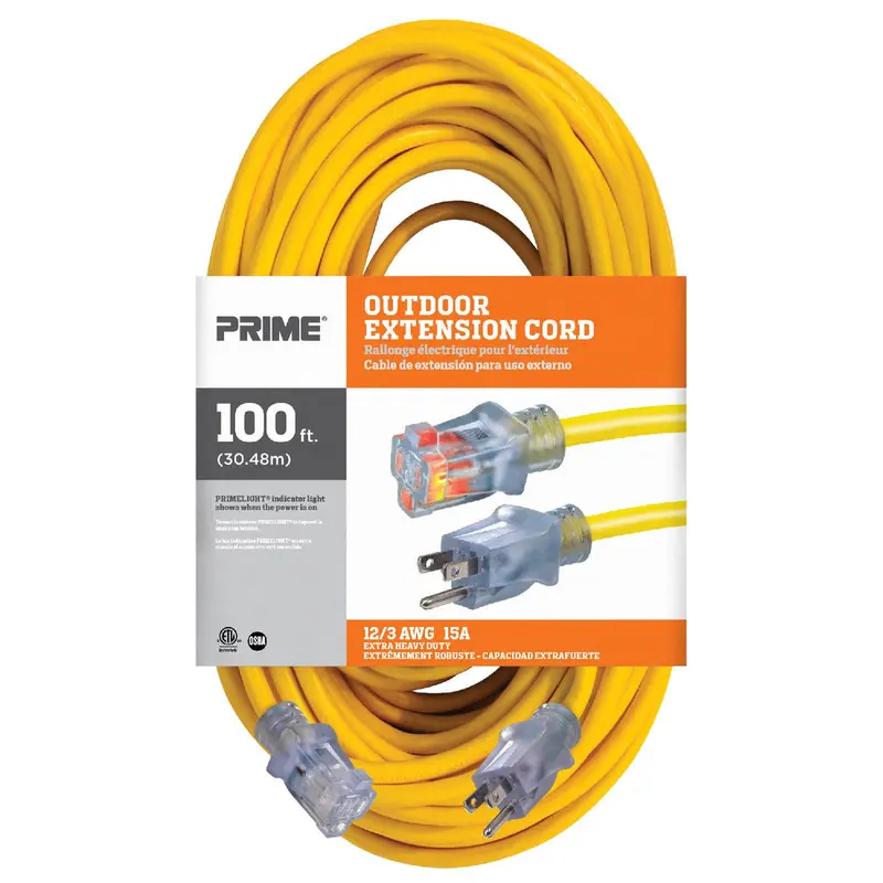 Prime Ec511835 – 100-Foot 12/3 Sjtw Yellow Weather-Resistant Extension Cord Featuring Primelight® 1