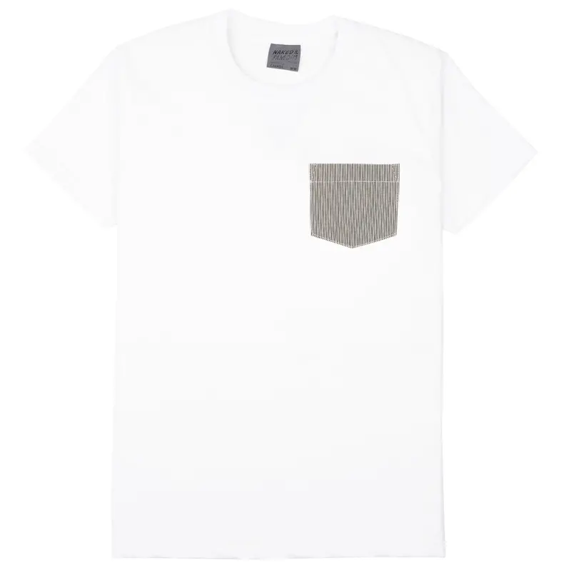 White Pocket Tee With Organic Hickory Pattern – Earthy Green Print 1